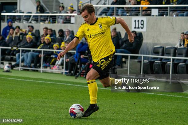 Columbus Crew defender Will Sands prepares to kick the ball during the first half of the Major League Soccer game between the Columbus Crew and Real...