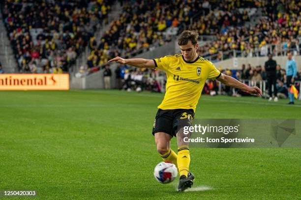 Columbus Crew defender Will Sands kicks the ball during the first half of the Major League Soccer game between the Columbus Crew and Real Salt Lake...