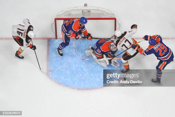 Jack Campbell of the Edmonton Oilers makes a 1st period save during the game against the Anaheim Ducks on April 1, 2023 at Rogers Place in Edmonton,...