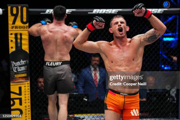 Krzysztof Jotko reacts after his fight against Will Fleury during the 2023 PFL 1 at The Theater at Virgin Hotels on April 1, 2023 in Las Vegas,...