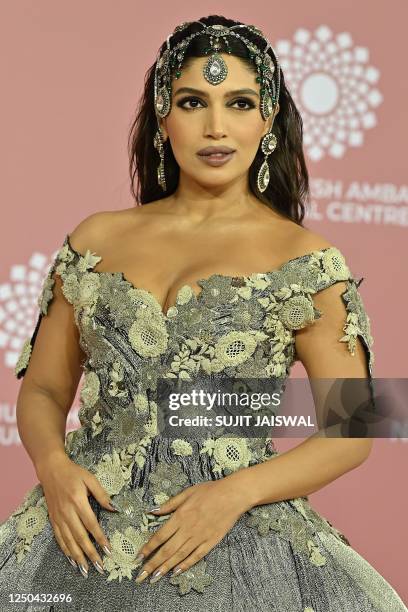 In this picture taken on April 1 Bollywood actress Bhumi Pednekar poses for pictures during the inauguration of the Nita Mukesh Ambani Cultural...