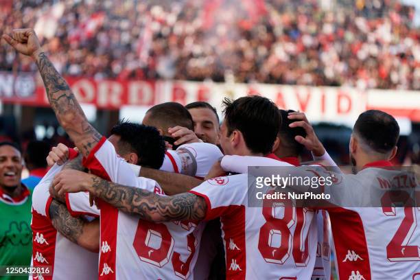 Mirco Antenucci celebrates after scoring a goal with teammates during the Italian soccer Serie B match SSC Bari vs Benevento Calcio on April 01, 2023...