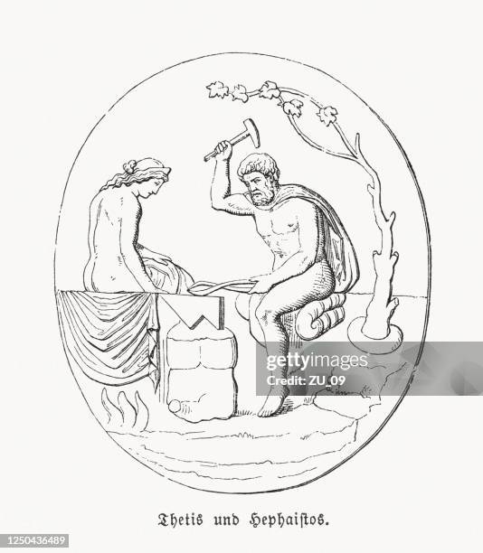 illustrations, cliparts, dessins animés et icônes de thetis et hephaestus, guerre de troie, gravure sur bois, publié en 1868 - thetis
