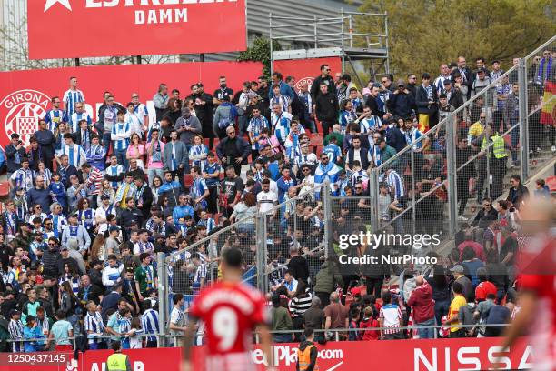 Supporters of RCD Espanyol during the La Liga Santander match between Girona FC and RCD Espanyol at the Estadio Municipal Montilivi on April 1, 2023...