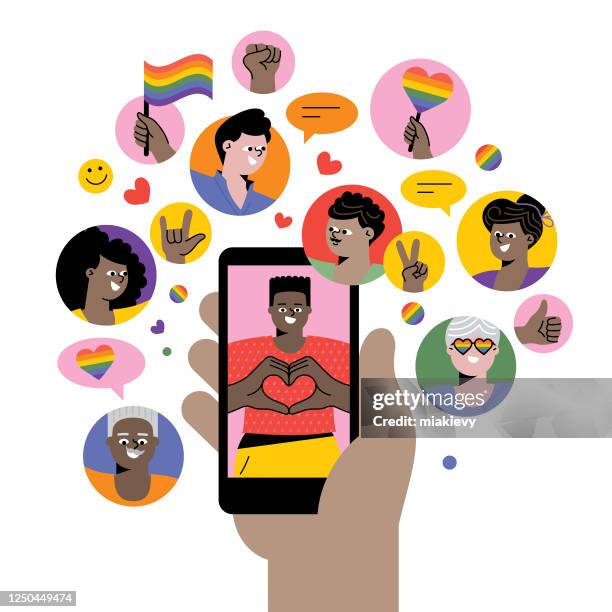 illustrazioni stock, clip art, cartoni animati e icone di tendenza di celebrare l'orgoglio sui social media - lgbt mobile