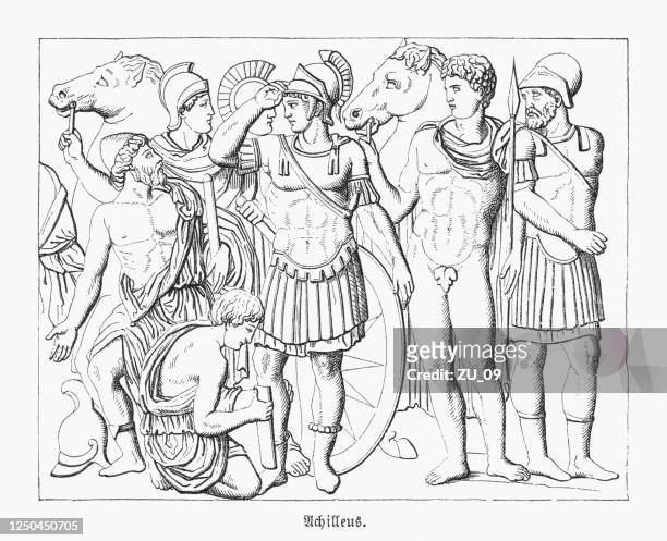 achilles arming himself, trojan war, wood engraving, published in 1868 - villa borghese stock illustrations