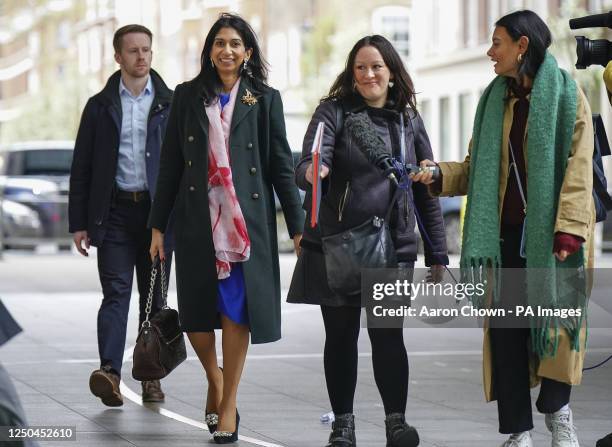 Home Secretary Suella Braverman arriving at BBC Broadcasting House in London, to appear on the BBC One current affairs programme, Sunday with Laura...