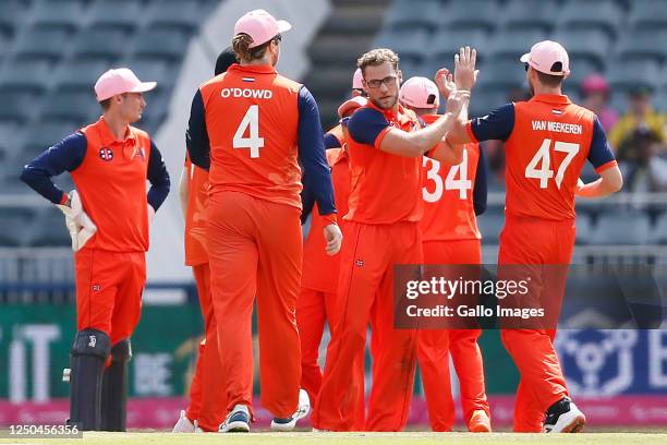 Vivian Kingma of the Netherlands celebrates his wicket of Quinton de Kock of South Africa during the 2nd Betway ODI match between South Africa and...