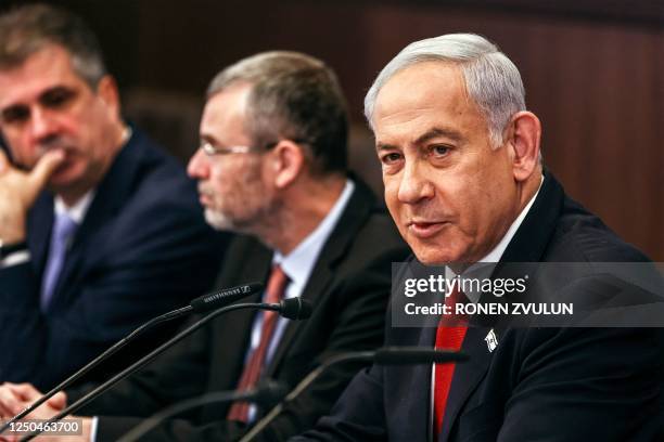 Israeli Prime Minister Benjamin Netanyahu chairs the weekly meeting at the prime minister's office in Jerusalem on April 2, 2023.