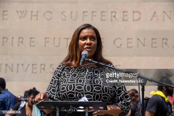 On June 4 New York State Attorney General Letitia James speaks at the Brooklyn, New York memorial service for George Floyd, whose death in police...