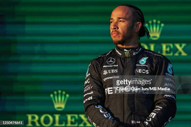 Lewis Hamilton of Great Britain and Mercedes-AMG PETRONAS F1 Team on the podium during the F1 Grand Prix of Australia at Melbourne Grand Prix Circuit...