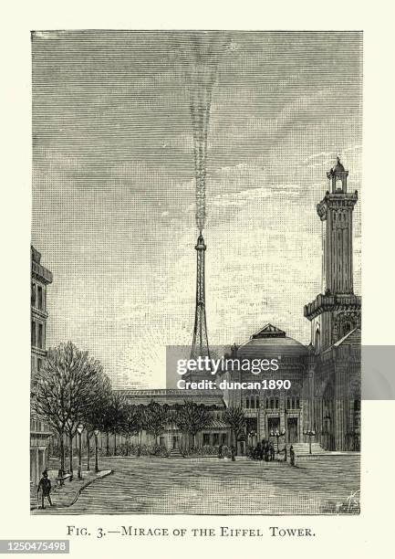 mirage of the eiffel tower reflected in the clouds, 19th century - eiffel tower lights stock illustrations