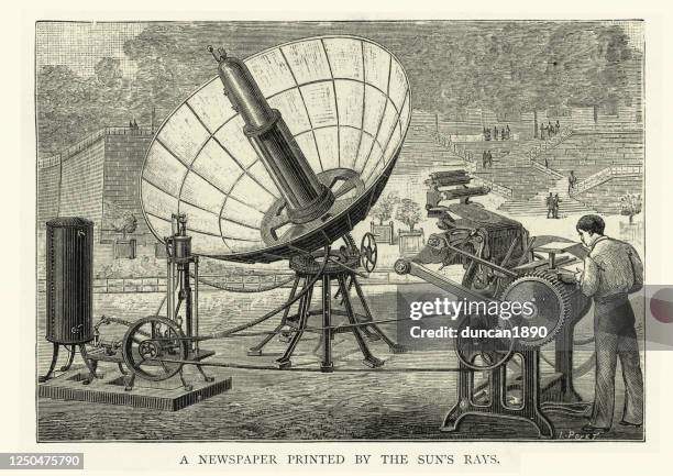 solar powered victorian newspaper printing press, 19th century - reflector stock illustrations