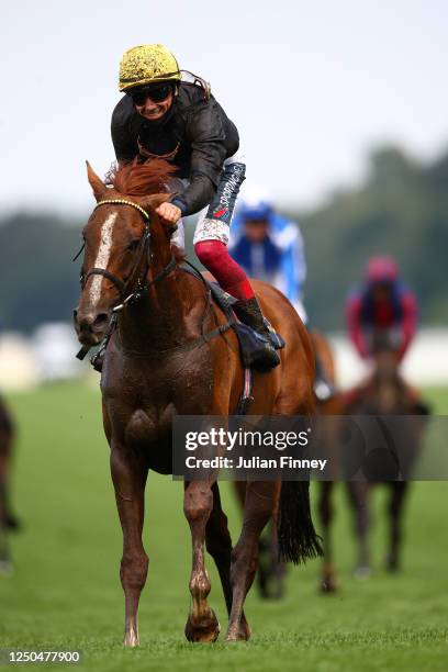 Frankie Dettori celebrates on board Stradivarius after winning the Gold Cup on Day Three of Royal Ascot 2020 at Ascot Racecourse on June 18, 2020 in...