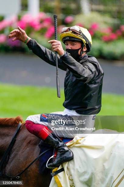 Frankie Dettori celebrates after riding Stradivarius to win The Gold Cup on Day Three of Royal Ascot at Ascot Racecourse on June 18, 2020 in Ascot,...