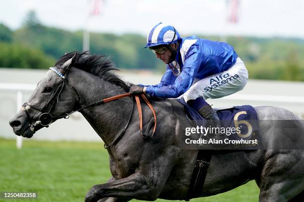 Jim Crowley riding Khaloosy win The Brittania Stakes on Day Three of Royal Ascot at Ascot Racecourse on June 18, 2020 in Ascot, England. The Queen...