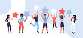 People customer review vector illustration concept, cartoon flat man woman consumers holding rating stars, reviewer character group giving feedback