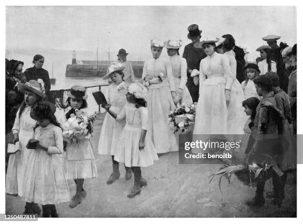 funeral procession by the sea - funeral procession stock illustrations