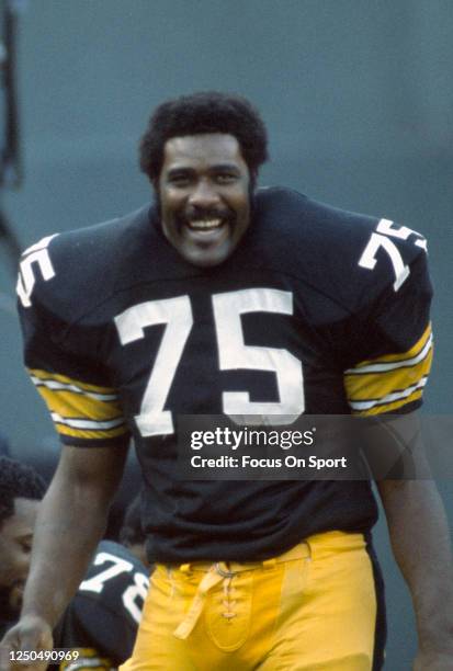 Joe Greene of the Pittsburgh Steelers looks on during an NFL football game circa 1975 at Three Rivers Front Stadium in Pittsburgh, Pennsylvania....