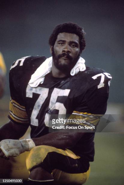 Joe Greene of the Pittsburgh Steelers looks on during an NFL football game circa 1975. Greene played for the Steelers from 1969-81.