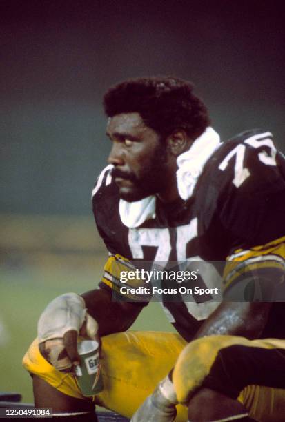 Joe Greene of the Pittsburgh Steelers looks on during an NFL football game circa 1975. Greene played for the Steelers from 1969-81.