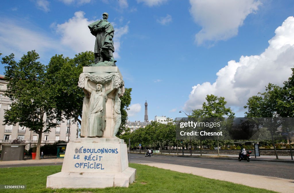 The Statue Of French Military Commander Joseph Gallieni Has Been Tagged With A Graffiti Reading "Down With The Official Version"