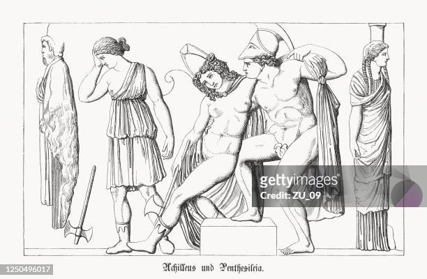achilles and penthesilea, trojan war, wood engraving, published in 1868 - achilles stock illustrations
