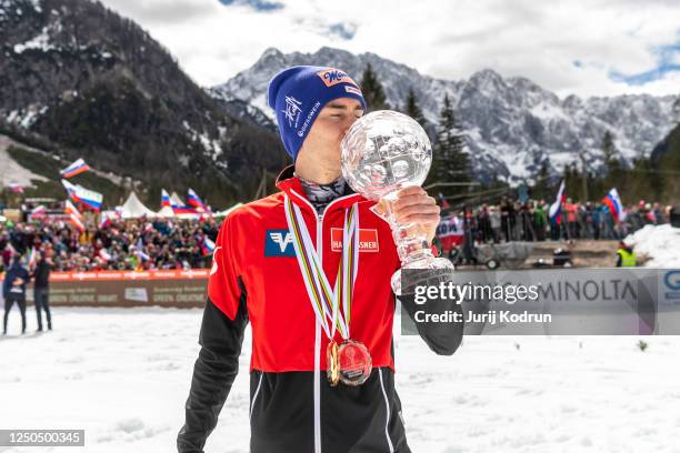 Overall Ski Flying winner Stefan Kraft of Austria poses with trophy after Individual HS240 at the FIS World Cup Ski Flying Men Planica on April 2,...