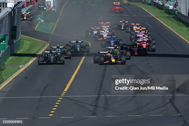 The race start during the F1 Grand Prix of Australia at Melbourne Grand Prix Circuit on April 2, 2023 in Melbourne, Australia.
