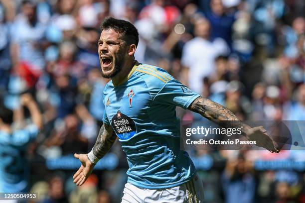 Carles Perez of RC Celta celebrates after scores his side's second goal during the LaLiga Santander match between RC Celta and UD Almeria at Estadio...