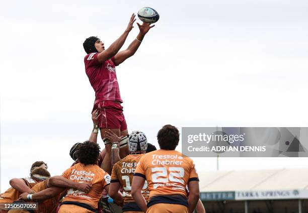 Exeter Chiefs' Welsh lock Dafydd Jenkins catches the ball in a line out during the European Rugby Champions Cup, Round of 16 rugby union match...