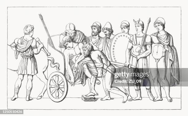 stockillustraties, clipart, cartoons en iconen met de dood van patroclus, trojaanse oorlog, houtgravure, gepubliceerd in 1868 - etruscan