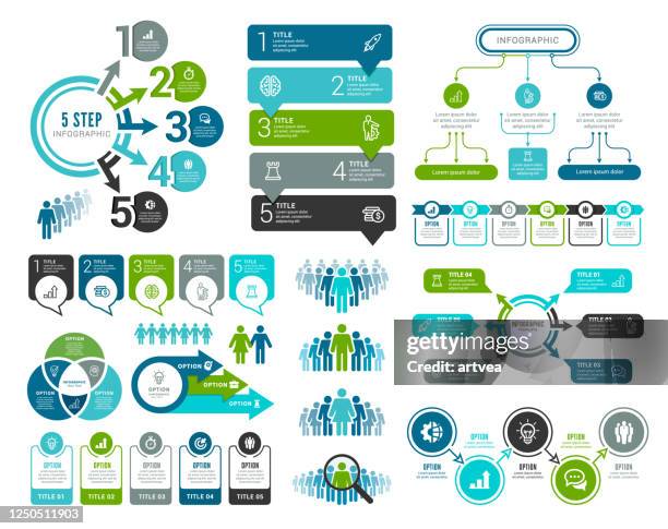 ilustraciones, imágenes clip art, dibujos animados e iconos de stock de conjunto de elementos infográficos - línea de tiempo medios visuales