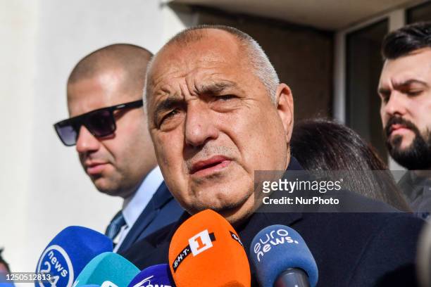 Former Prime Minister Boyko Borissov, leader of the GERB party talking to journalists after he casts his vote during an early parliamentary elections...