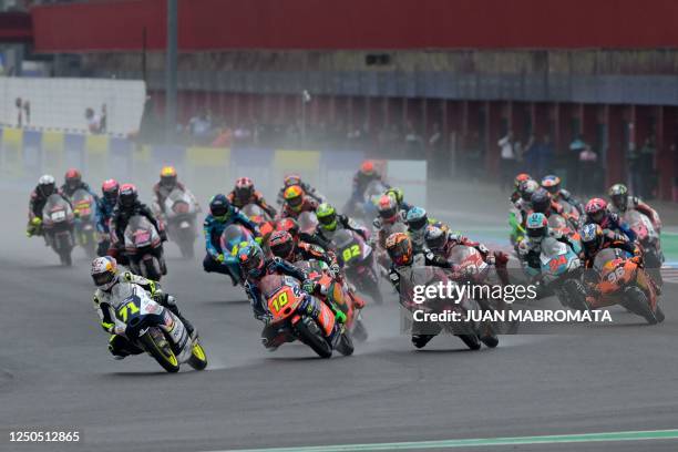 Riders take the first turn at the start of the Argentina Grand Prix Moto3 race, at Termas de Rio Hondo circuit, in Santiago del Estero, Argentina, on...