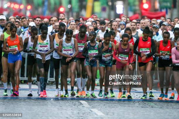 Kenya's Helah Kiprop , winner of the women's 2023 Paris Marathon, take the start on the Champs-Elysees avenue in Paris on April 2, 2023. The 42.195...