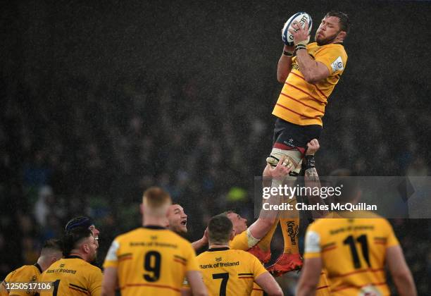 Duane Vermeulen of Ulster gathers a lineout during the Heineken Cup round of 16 match at Aviva Stadium on April 1, 2023 in Dublin, Ireland.