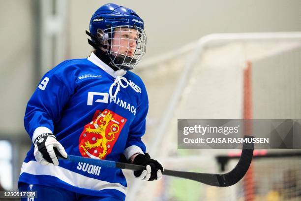 Finland's Tar Kortelainen reacts during the Bandy World Championships final match between Sweden and Finland in the Eriksson Arena in Aby, Vaxjo,...