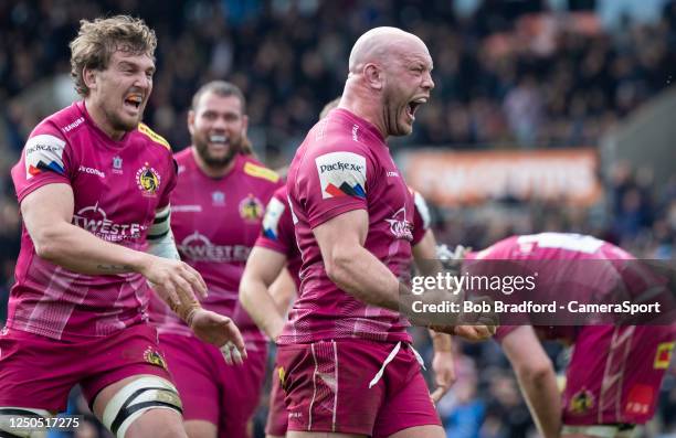 Exeter Chiefs' Jack Yeandle celebrates after scoring the winning try during Heineken European Champions Cup Round Of Sixteen match between Exeter...