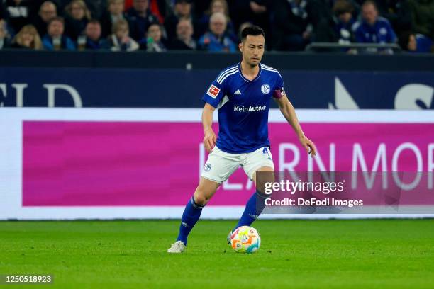Maya Yoshida of FC Schalke 04 controls the Ball during the Bundesliga match between FC Schalke 04 and Bayer 04 Leverkusen at Veltins-Arena on April...