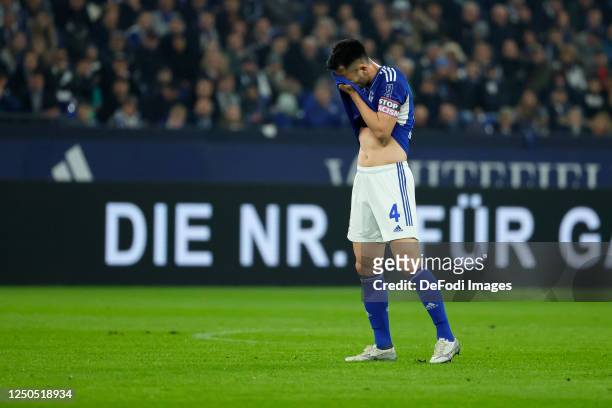 Maya Yoshida of FC Schalke 04 looks disappointed during the Bundesliga match between FC Schalke 04 and Bayer 04 Leverkusen at Veltins-Arena on April...