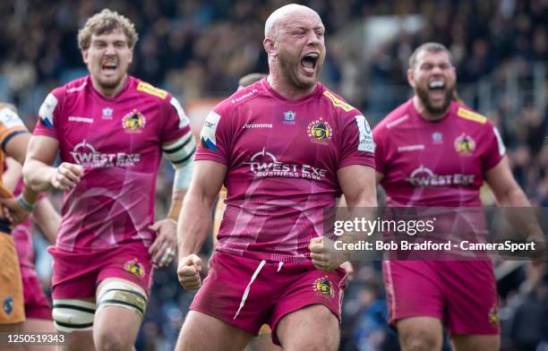 Exeter Chiefs' Jack Yeandle celebrates after scoring the winning try during Heineken European Champions Cup Round Of Sixteen match between Exeter...