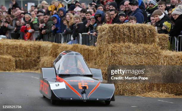 Sleek futuristic kart on the course during the 70 year anniversary soap box derby on April 02, 2023 in Hunstanton, England. Over 40 home built karts...