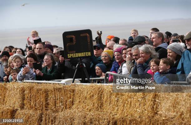 Contestant stops the speed gun at 27 miles per hour during the 70 year anniversary soap box derby on April 02, 2023 in Hunstanton, England. Over 40...