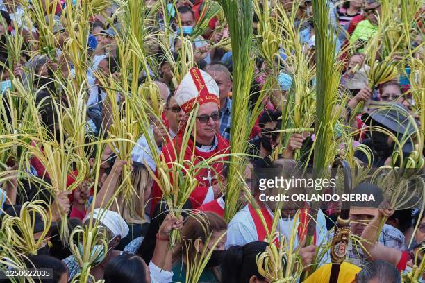 The Archbishop of Tegucigalpa, Spanish father Jose Vicente Nacher, takes part in a Palm Sunday procession in Tegucigalpa on April 2 at the beginning...