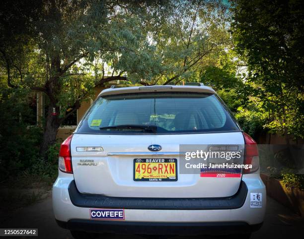 santa fe, nm: 2020 political bumper stickers on subaru - bumper sticker stock pictures, royalty-free photos & images