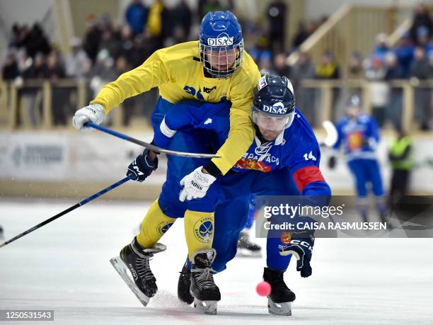 Sweden's Viktor Spangberg and Finland's Samuli Helavuori vie during the bandy final between Sweden and Finland in the Men's Bandy World Cup in...