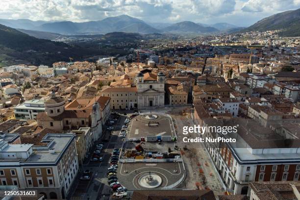 An aerial drone view of Piazza Duomo square is seen in L'Aquila, Abruzzo, Italy on april 1st, 2023. On april 6 will occurr 14th anniversary of 2009...