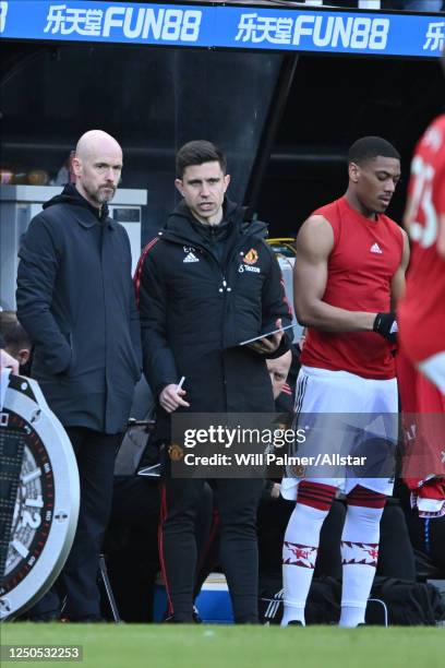 Erik ten Hag, Manager of Manchester United prepairs to bring on Anthony Martial of Manchester United during the Premier League match between...