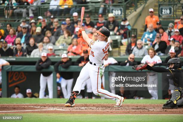 Heston Kjerstad of the Baltimore Orioles hits a two-run home run during the second inning of a spring training game against the Pittsburgh Pirates at...